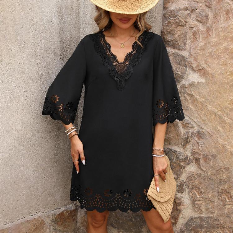 Women Loose High Waist A Line Summer Dress V Neck Lace Burnt Flower Half Sleeve Solid Color Sizes S XL