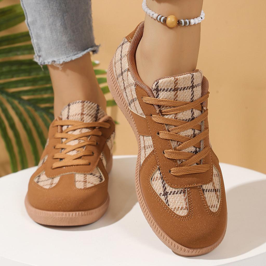Fashion Round Toe Mixed Colors Shoes Woman Flats Casual Female Sneakers Dress New Retro Flock PU Leisure Sewing Fabric Rubber Lace-Up Mi