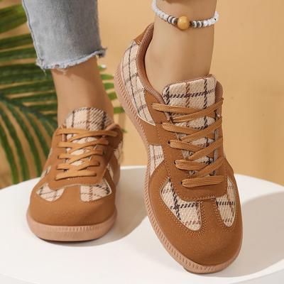 Modische Runde Zehen Mischfarben Schuhe Damen Flachschuhe Lässig Weibliche Sneaker Kleid Neu Retro Beflockung PU Freizeit Nähen Stoff Gummi Schnürung Mi