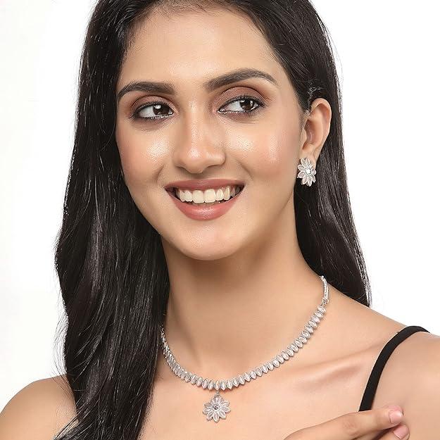 Oxidised Silver-Plated Flower & Leaf American Diamond Studded Necklace Earrings Jewellery Set for Girls and Women