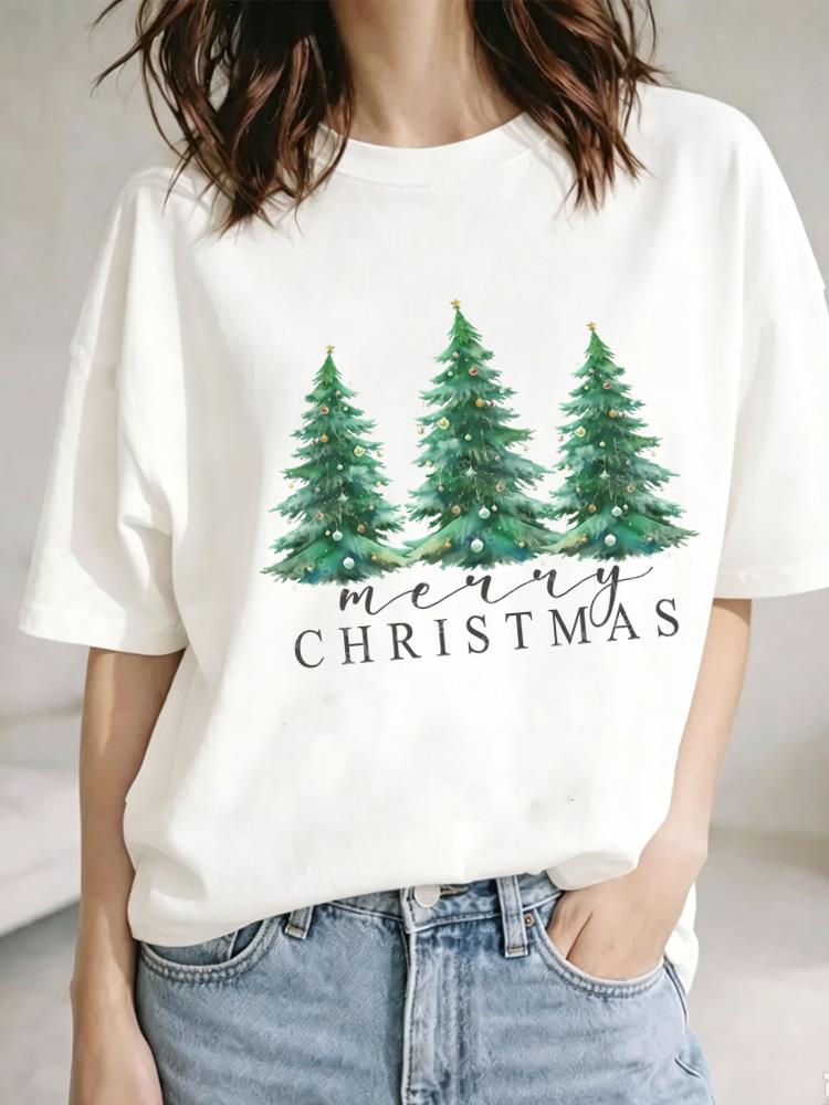 (Asian Size) watercolor sweet cute Christmas Festival Tee Clothing New Year T Shirt Women Fashion Top Print Woman Short Sleeve Graphic T-shirts