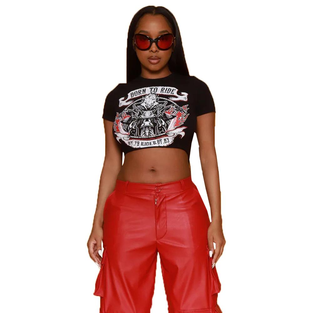 European and American live broadcast Spice Girls women's clothing summer round neck open button versatile tight back hollow short sleeve top women