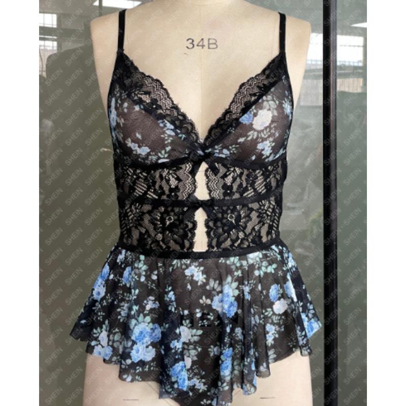 Eddy bow stitching lace print halter perspective sexy lingerie onesie