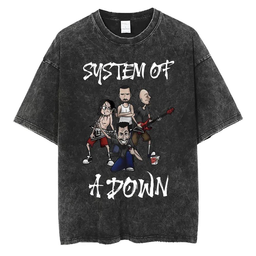 2026 Washed Vintage System of A Down Tshirt Men Women Cotton Quality Short Sleeve Tees Male Rock Music Band Cartoon Graphic T Shirts Y2K
