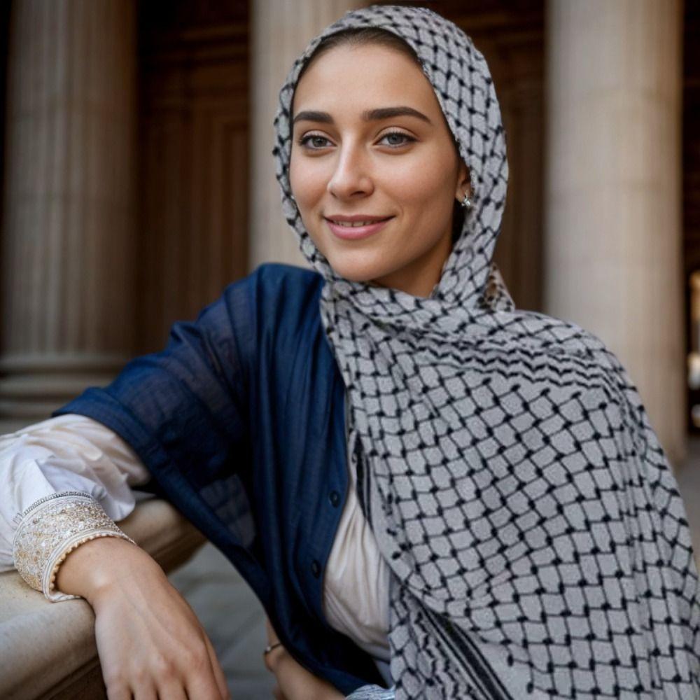 Sunscreen Chiffon Hijab Scarf Plaid Print Islamic Headscarf Fashion Keffiyel Headscarf  Ladies