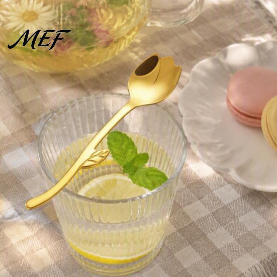 Decorative Spoon Tulip Shaped Stainless Steel Spoon, Long Handle Coffee Ice Cream Kitchen Flatware Dessert Serving with Hanging Hook, Utensils