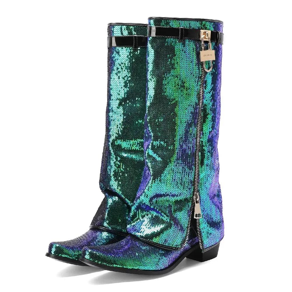 Lesklé flitrované látkové kozačky nad koleno s ohrnutým horním lemem Dámské s blokovým podpatkem Růžovo-zlaté Párty Kulatá špička Zámek Pásek Zip Bling Dlouhé kozačky k sukni