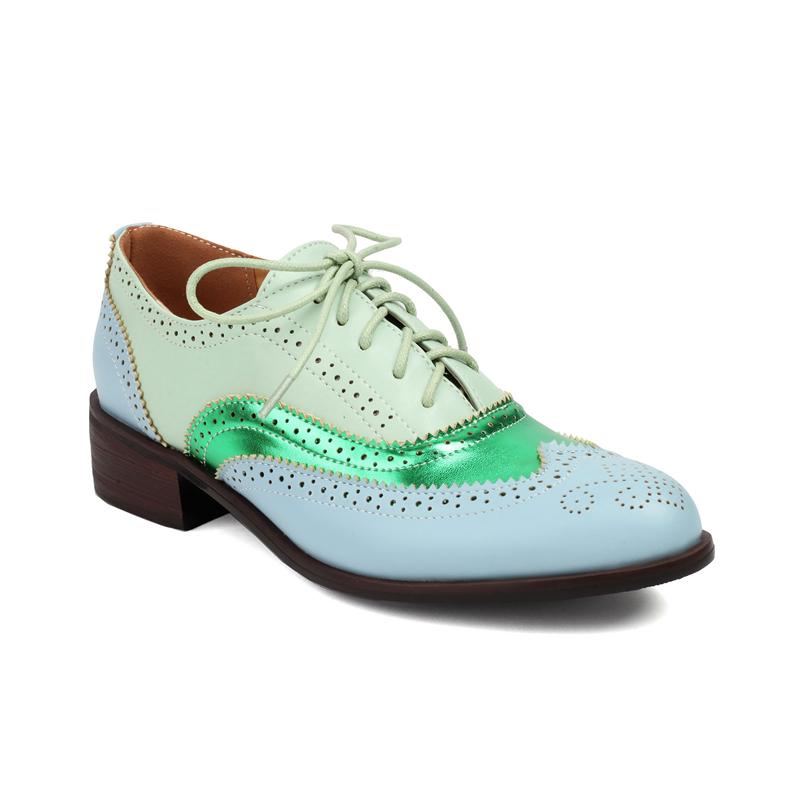 Large Size 45 46 47 Womens British Style Retro Mix Color Oxfords Pumps Round Toe Cross Tied Hollow Cutout Mid Heels Brogue Shoes