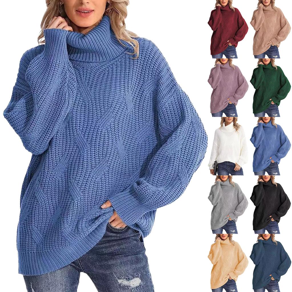 Women's Loose Fit Cable Knit Turtleneck Pullover Sweater