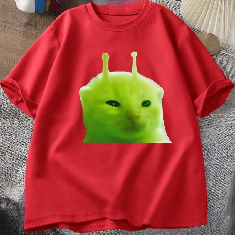 T-shirt Chat Alien Vert Femme Unisexe Chat Meme Tee Glorp Gnarp Cerveau de Chat T-shirt Mignon Rigolo Hauts Courts Manches Courtes en Coton Amples