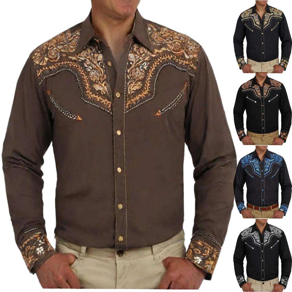 Men's Western Shirt Long Sleeve Embroidered Vintage Party Top with Decorative Pattern Fit Costume
