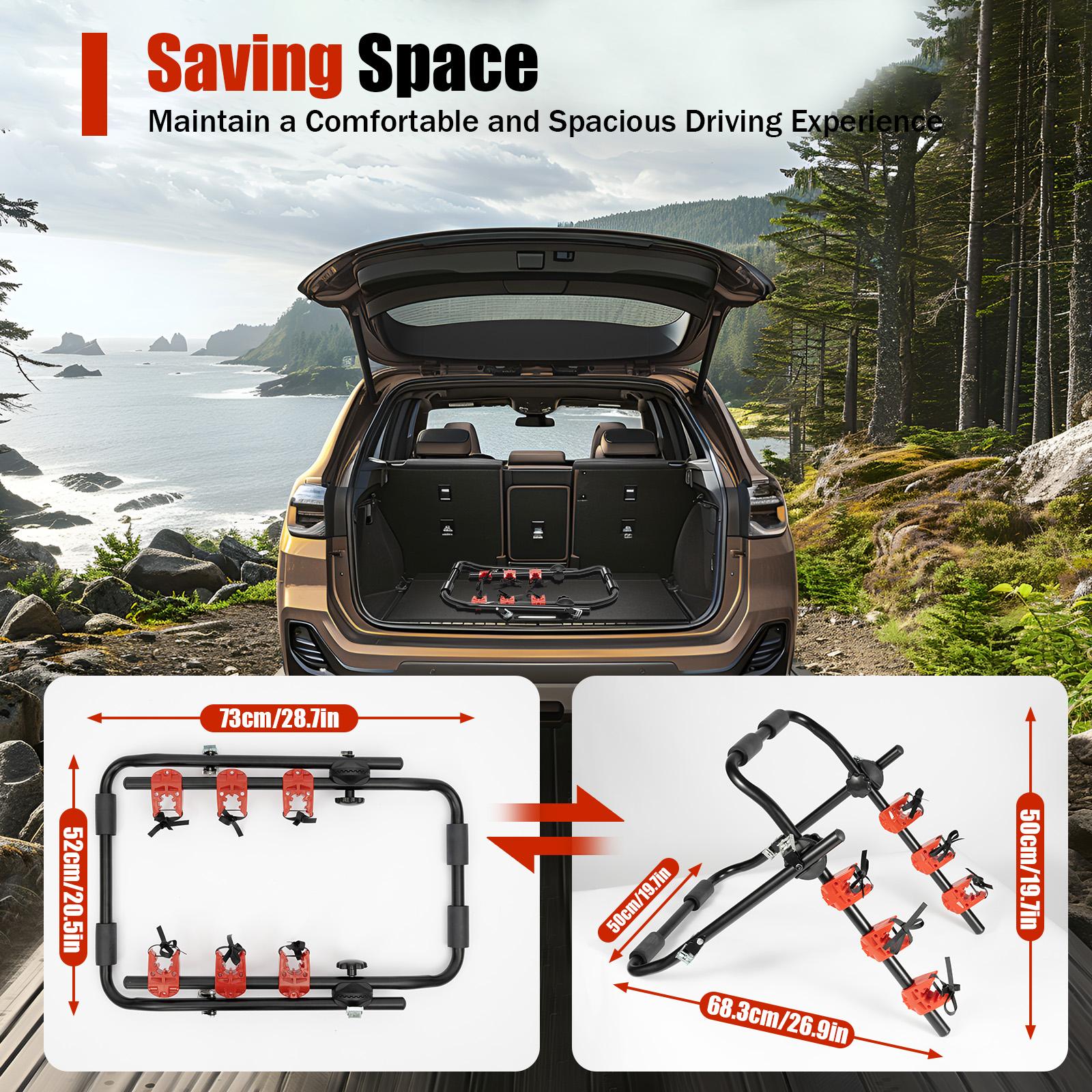3-Bike Trunk Mount Rack, Universal Auto Bicycle Carrier with Straps, Carbon Steel Nylon Frame, Holds 44 lbs, Fits Sedans SUVs