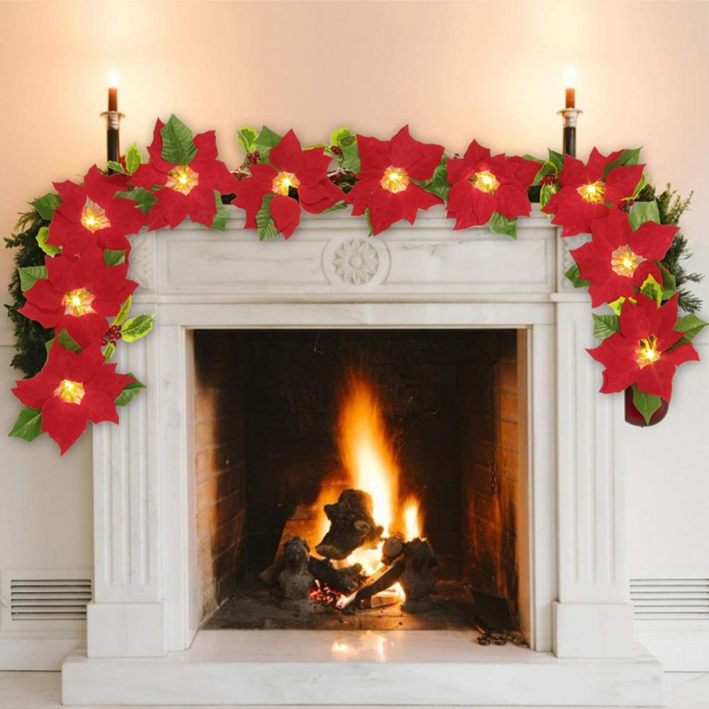 Fireplace String Light Garland LED Warm Light Wireless Christmas Wreath Garland with Flowers Holiday Decoration