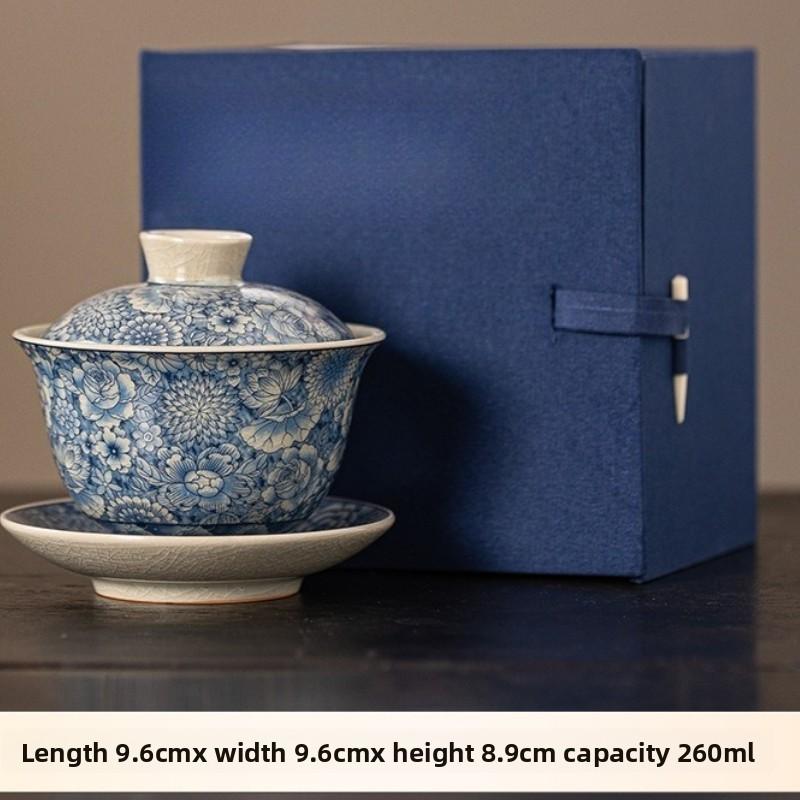 Kiln Tea Set Blue and White Porcelain Cover Bowl Retro Tea Bowl Anti-scalding Hand-made Tea Flower Sancai Cover Bowl