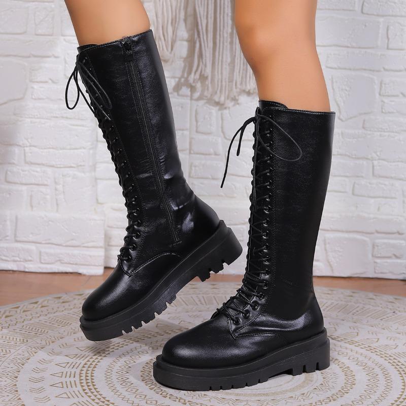 

Knight Boots Women s New Round Toe Side Zip Lace-Up Platform Anti-Slip Wear-Resistant Wedge Mid-Tubular Boots 35 чёрный