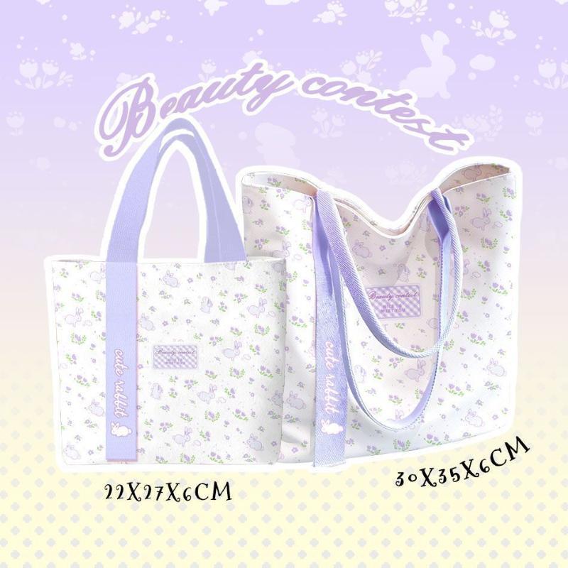 1 Pcs Cute Rabbit Canvas Bag Floral Cartoon Tote Bag Large Capacity Reusable Lunch Bag Work