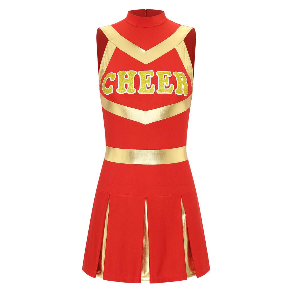 Womens Sparkling Cheerleader Dress Sleeveless Pleated Print Design Youthful Schoolgirl Uniform Halloween Costume