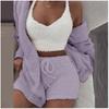 Women's Loose Fit Three Piece Loungewear Long Sleeve Fuzzy Cardigan V Neck Tank Drawstring Waist Shorts Winter Solid Tracksuit