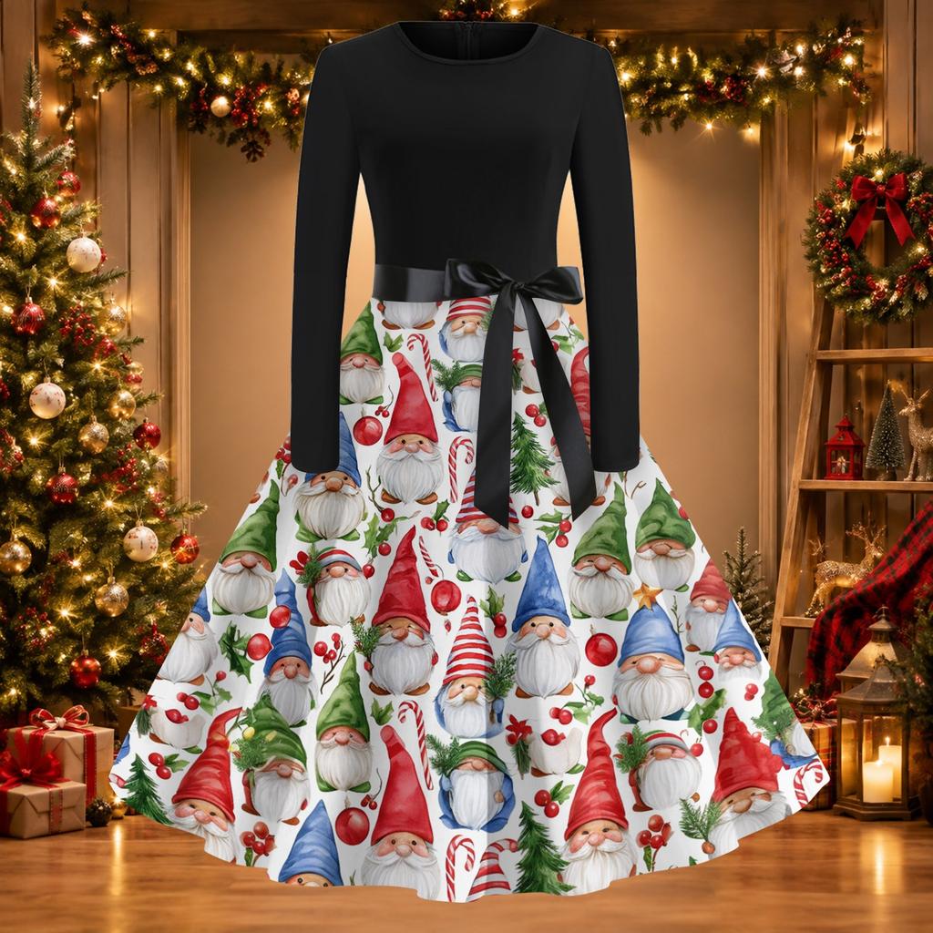 Women's Casual Fashion Christmas Print Round Neck Vintage Dress for Holiday Parties