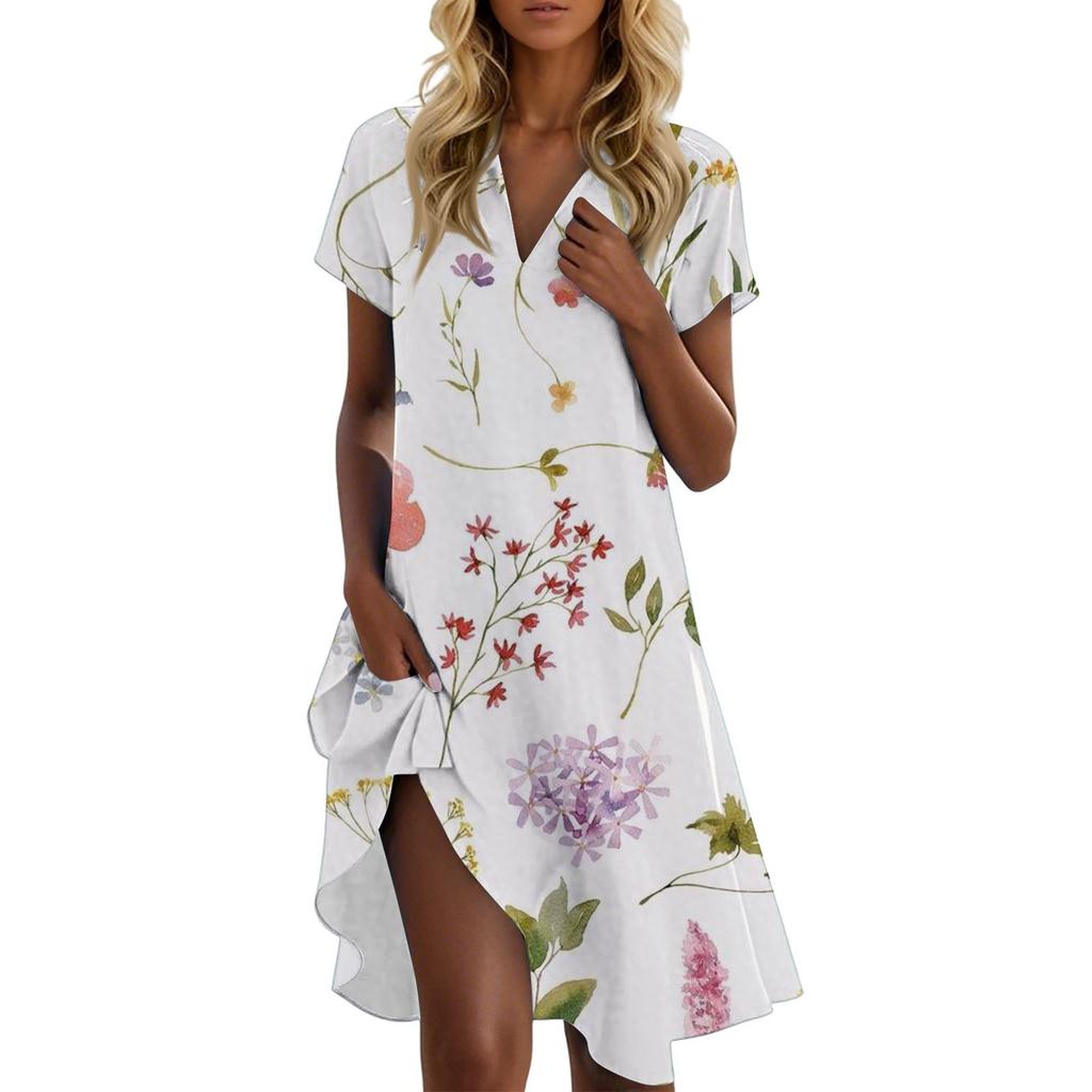 Women's Casual Fashion Stand Collar Floral Print Short Sleeve Dress