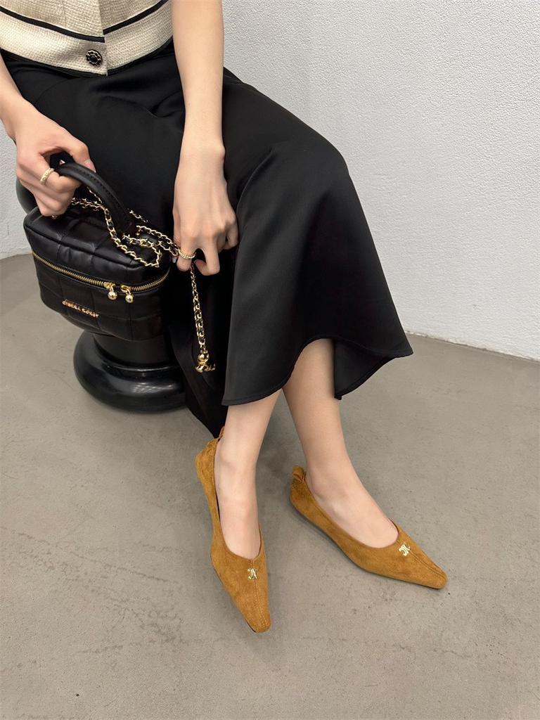 2024 Spring New Metal Buckle Suede Solid Color Versatile Pointed Flat Sole Single Shoes Light Mouth Flat Heel Soft Sole Women's Shoes