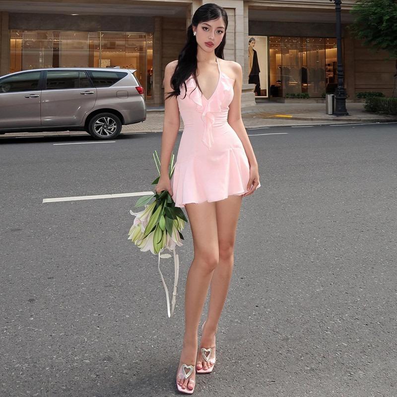 Damen Sommerkleid mit Rüschen und V-Ausschnitt, sexy Schnürung, Rucksack-Hüftkleid