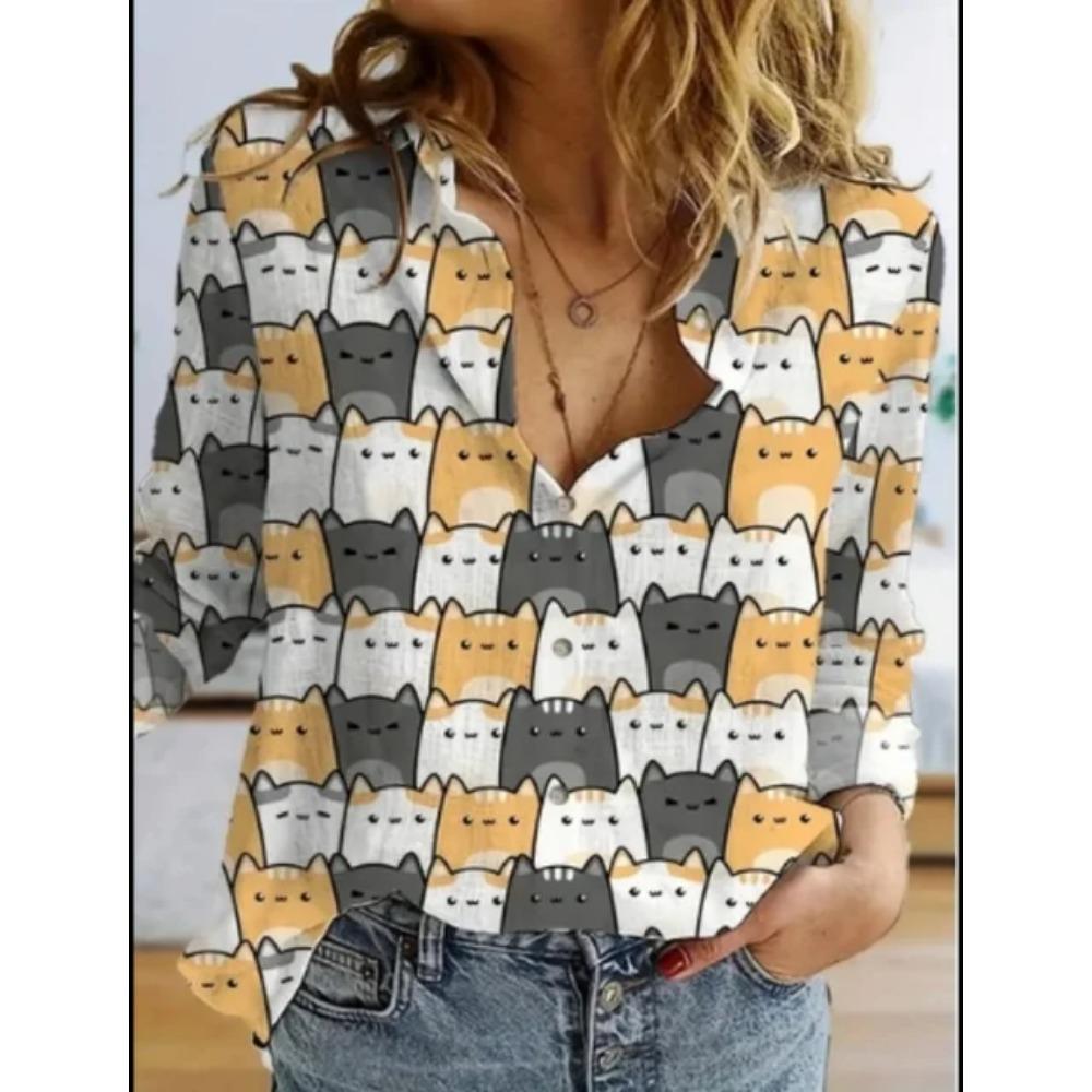 Autumn Women Clothing Cute Animal Prints Shirt Tops Cartoon Cat Pattern Personalized Street Long Sleeve Fashion Women's Blouses