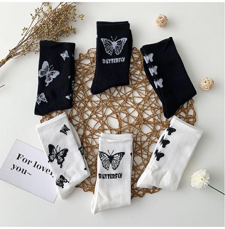 Butterfly Women's Spring Mid-Calf Black & White Scrunched Socks - Trendy Street Sport Style