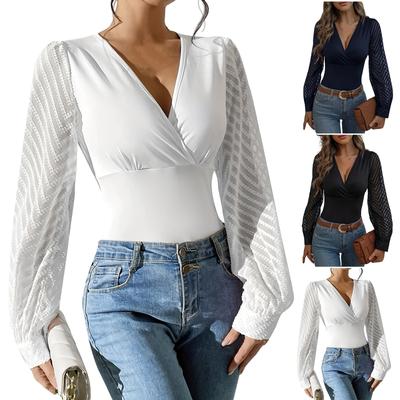 Women's  And Winter Fashion Casual Chiffon Splicing Solid Color Knit Deep V Long Sleeve Top