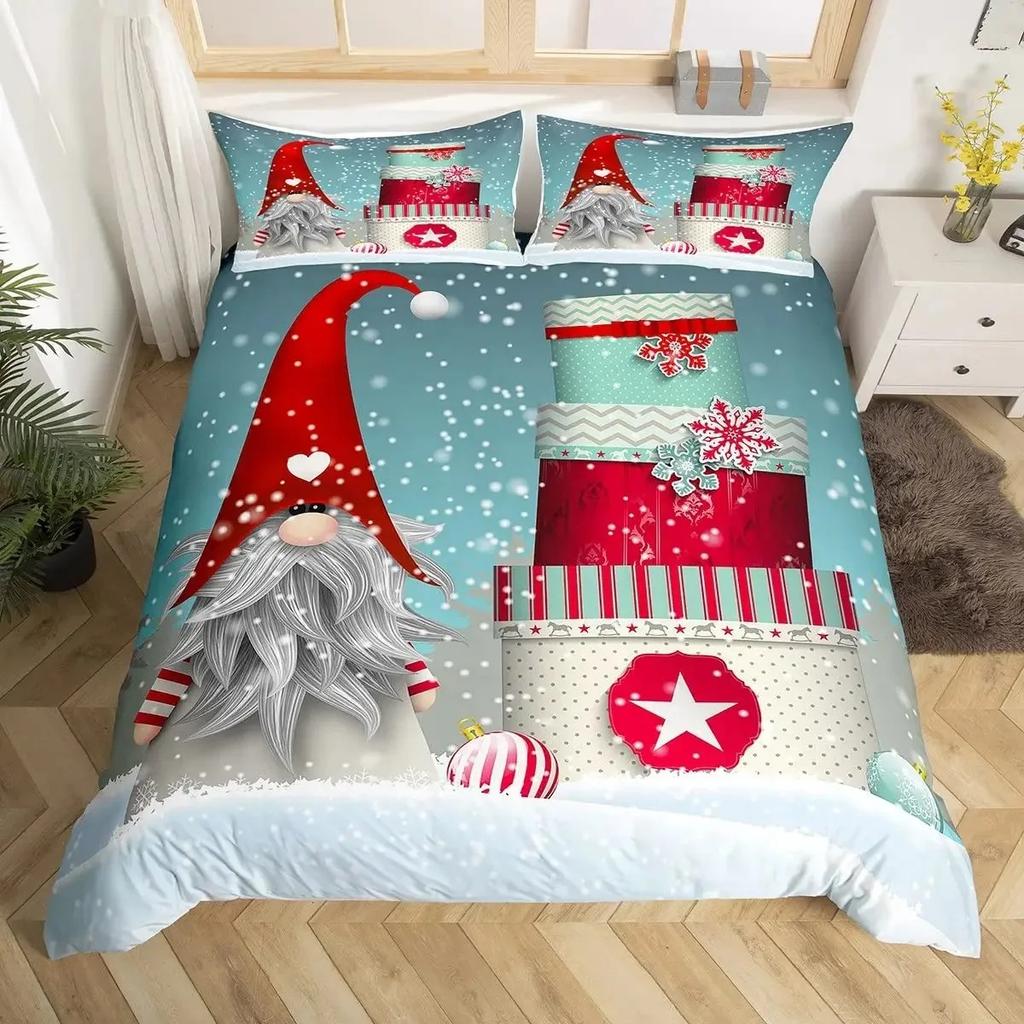 Christmas Gnomes Duvet Cover Set Santa Claus Xmas Comforter Cover Merry Christmas Bedding Sets Winter Snow Holiday Quilt Cover