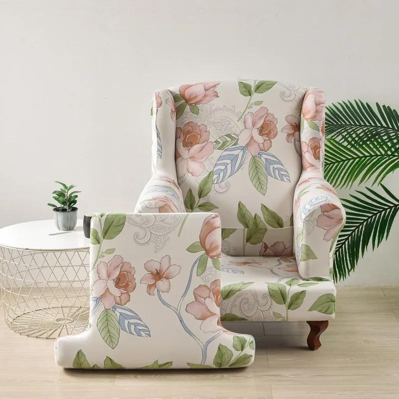 Spandex Wingback Chair Covers Stretch Wing Armchair Cover with Seat Cushion Cover Elastic Sofa Slipcover Flower Print Sofa Cover