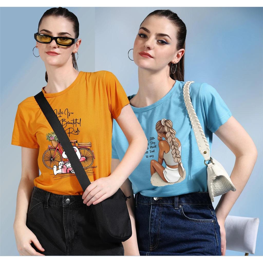 Beautiful Printed Women's Cotton Blend Round Neck T- Shirt Pack Of 2 Sets