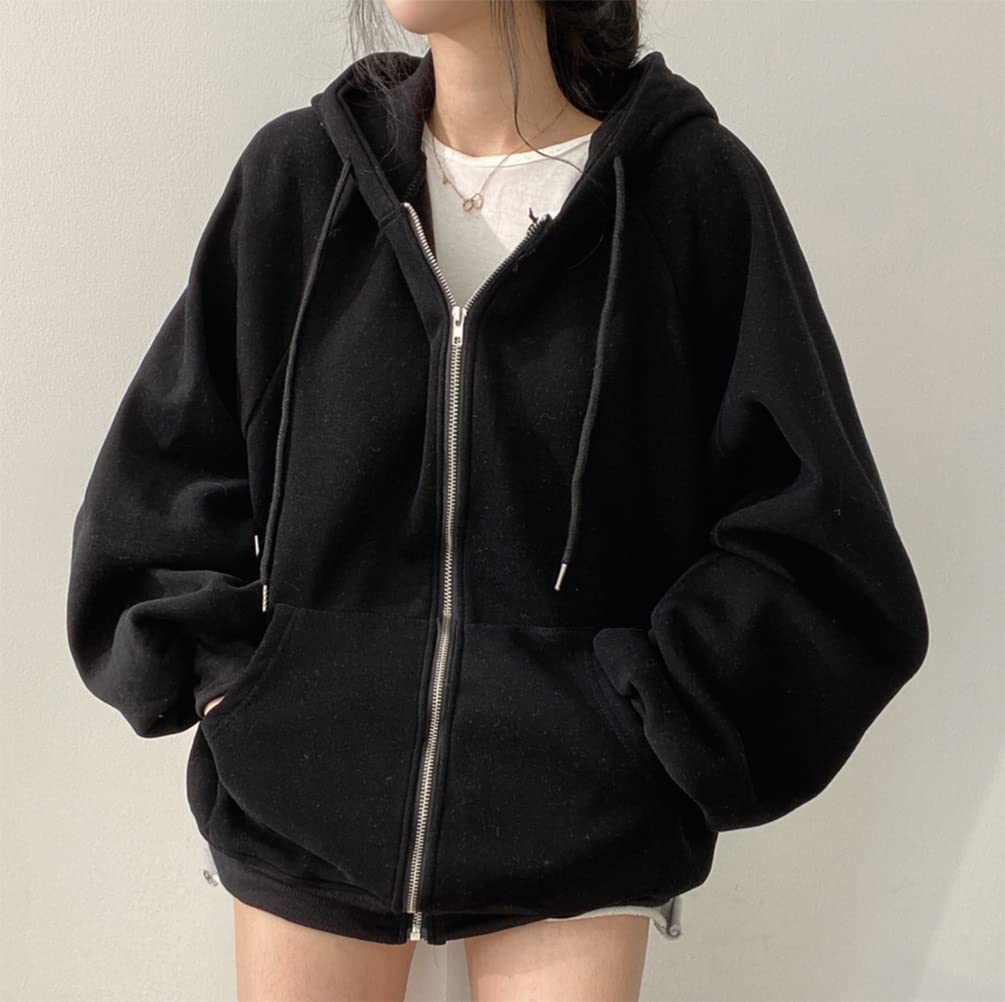 Hoodie with Fleece Loose Harajuku Long Sleeve Top for Fall and Winter QYY-1 Women's Zip-Up Lining, Thick, Warm, Stylish, Casual, Fit, Oversized,