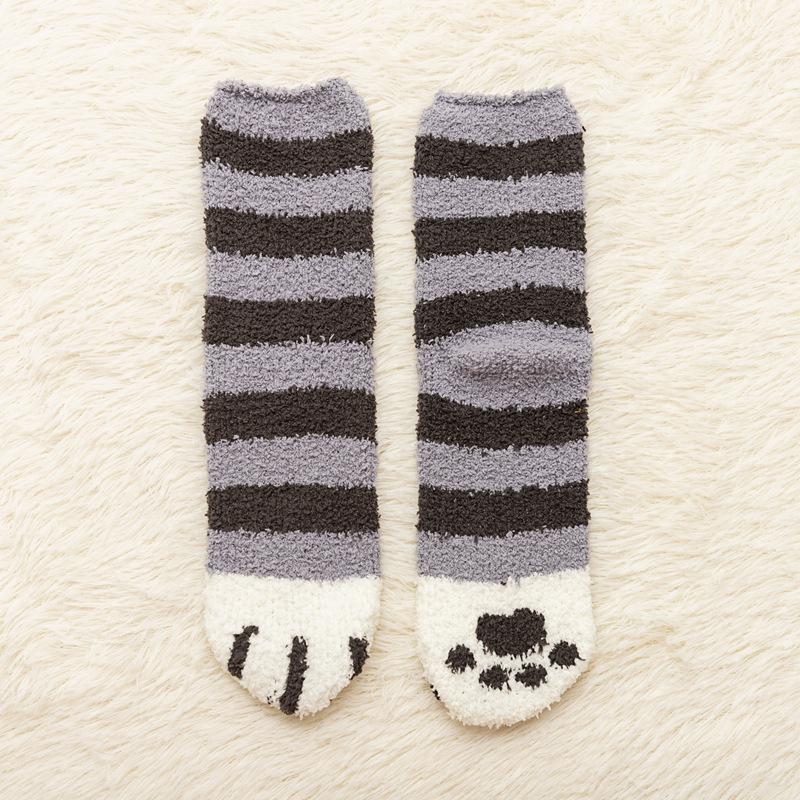 Non-Slip Coral Fleece Cat Paw Mid-Calf Sleep Socks - Women's Warm Cartoon Maternity Socks for Autumn & Winter