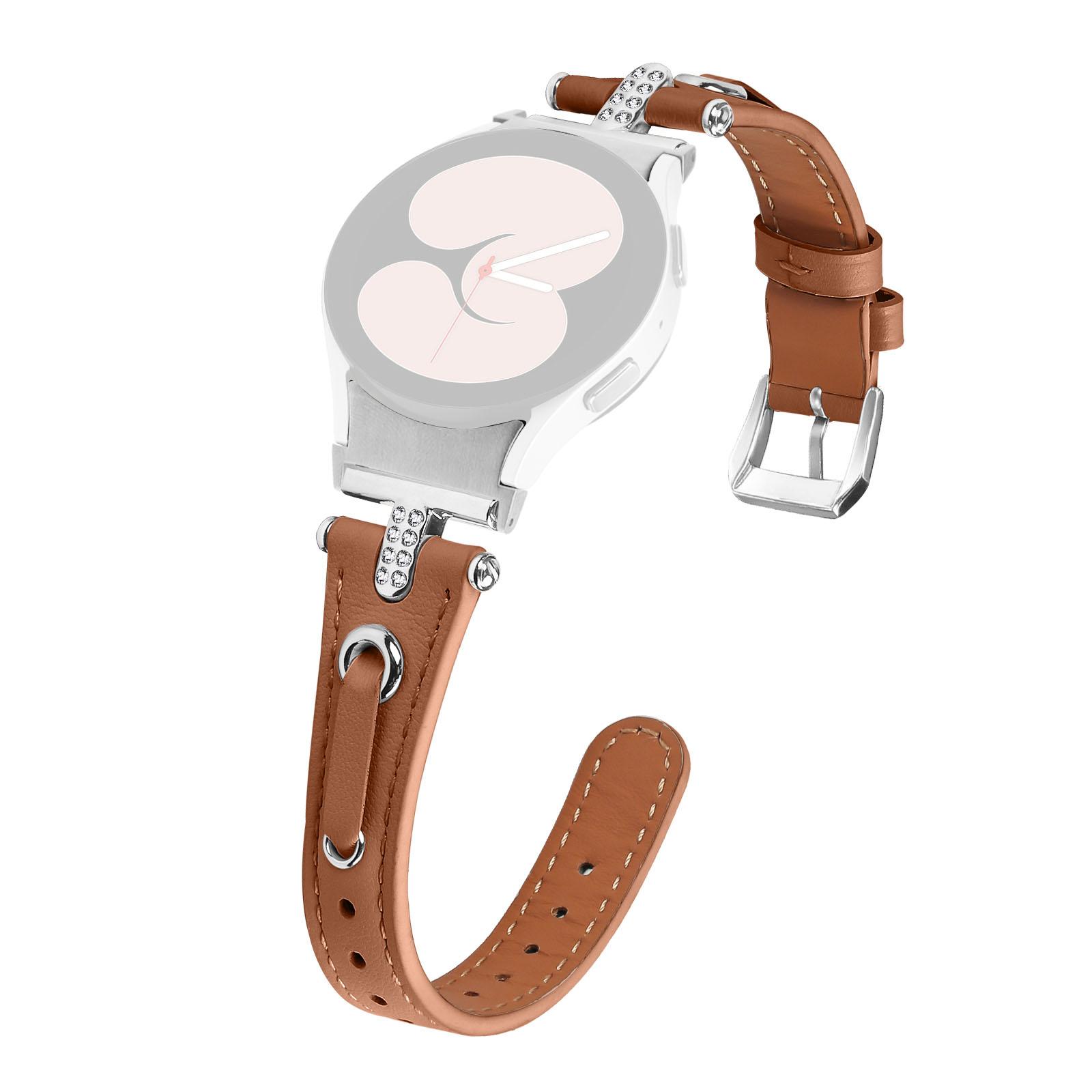 

For Samsung Galaxy Watch FE 40mm/Watch4/Watch4 Classic Watch 5/5 Pro Watch Band Genuine Cow Leather Strap with Silver Connector Brown