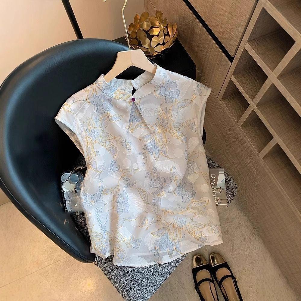 

2025 ретро новый красивый топ лето китайская премиальная рубашка на пуговицах жаккардовая без рукавов атласная L (recommended 100-56kg)