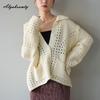 Korean Fashion Spring Autumn Women Knitted Cardigan Turn-Down Collar Knitting Oversized Coat Baggy Beige Hollow Out Outerwear With Pockets