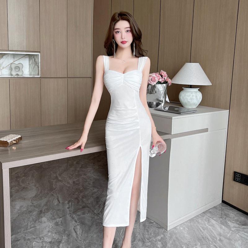 

Женское сексуальное платье миди с плиссировкой, облегающее талию, с разрезом, на тонких бретельках, летнее, для ночного клуба Small белый