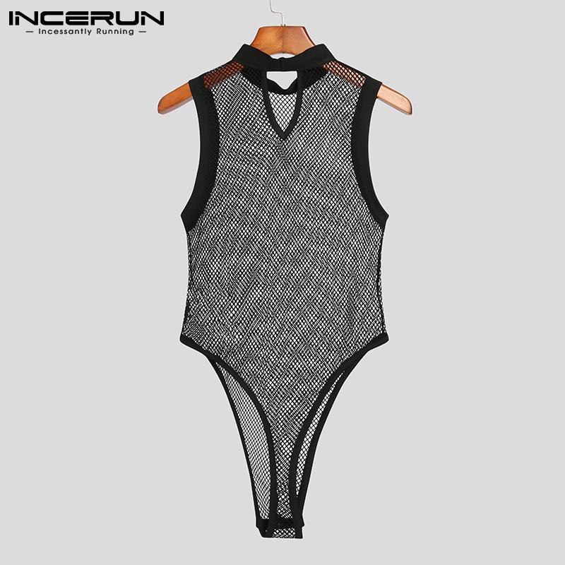 INCERUN Summer Sexy Gym Muscle Men's Fashion See Through Mesh Sleeveless Jumpsuit Singlet Panties Underwear Sweat Suit
