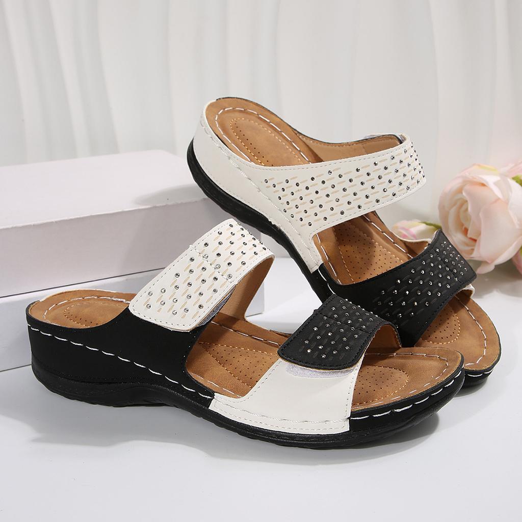 2025 Summer New Foreign Trade Women's Shoes Hollow European and American Velcro Sandals Wedge Heel Large Size Women's Color Matching Cool Slippers
