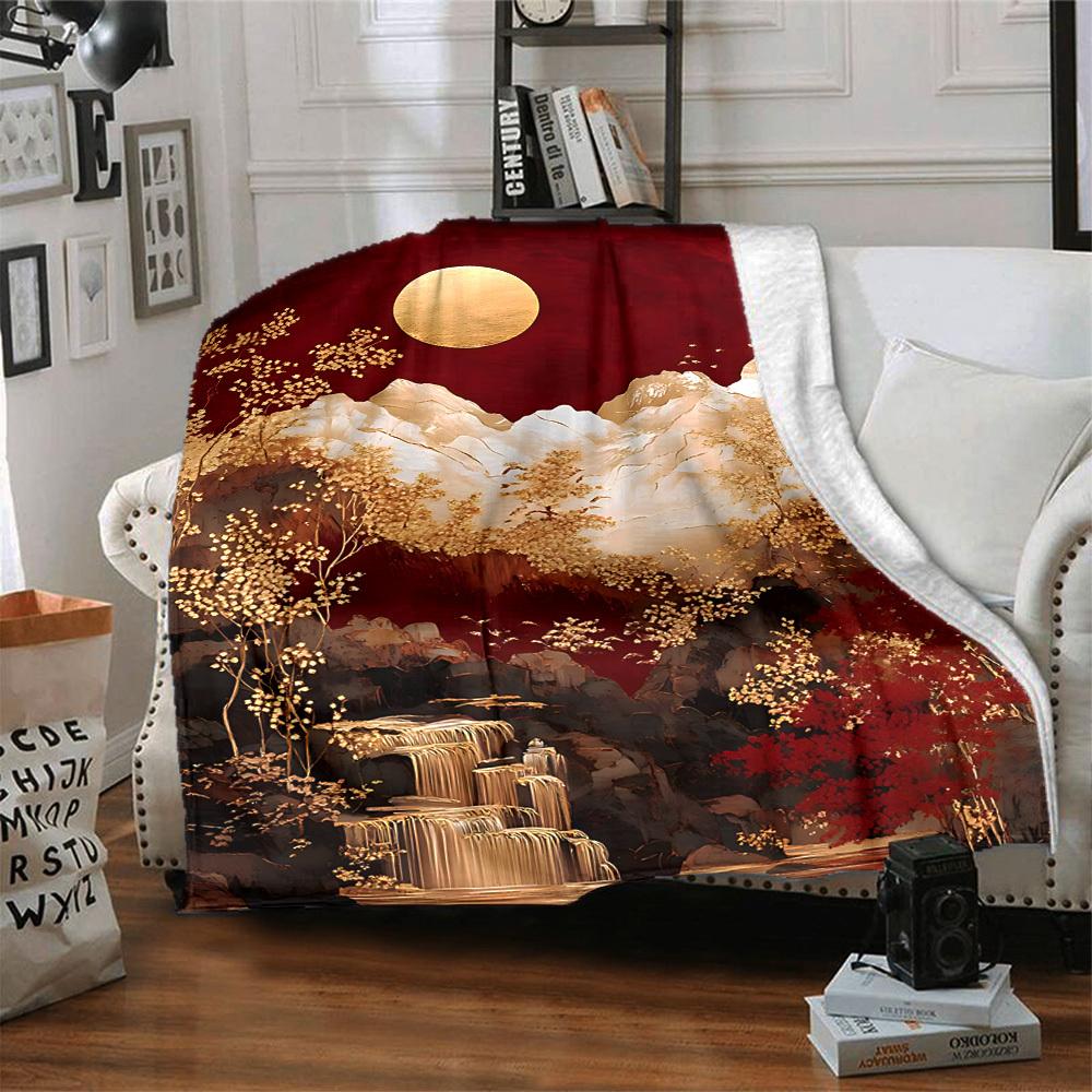 1pc Chinese Style Landscape Blanket, Lightweight Flannel Throw Blanket for Sofa, Bed, Travel, Camping, Living Room, Office, Couch040