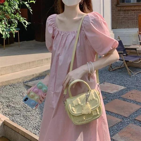 French square collar dress women's summer new design sense niche bubble short sleeve gentle wind skirt