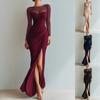 Women's Sheer Mesh Long Sleeve Pleated High Slit Bodycon Evening Dress for Wedding Guest Cocktail Party