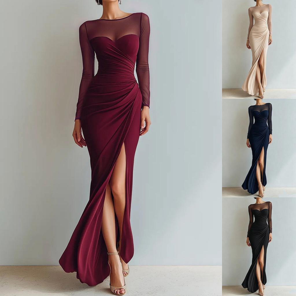 Women's Sheer Mesh Long Sleeve Pleated High Slit Bodycon Evening Dress for Wedding Guest Cocktail Party
