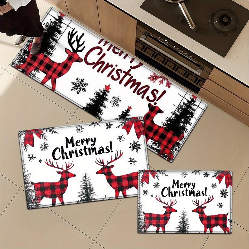 1Pcs Anti Fatigue Kitchen Rugs Merry Christmas Deer Print Waterproof Non-Slip Thick Cushioned Kitchen Mat Heavy Duty Comfort Standing Mat for Kitchen