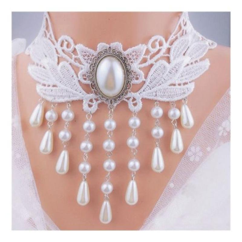 Women Party Necklace Hollow Out Lace Faux Pearl Decor Tassel Prom Cosplay Halloween Carnival Choker Wedding Performance Neck Jewelry