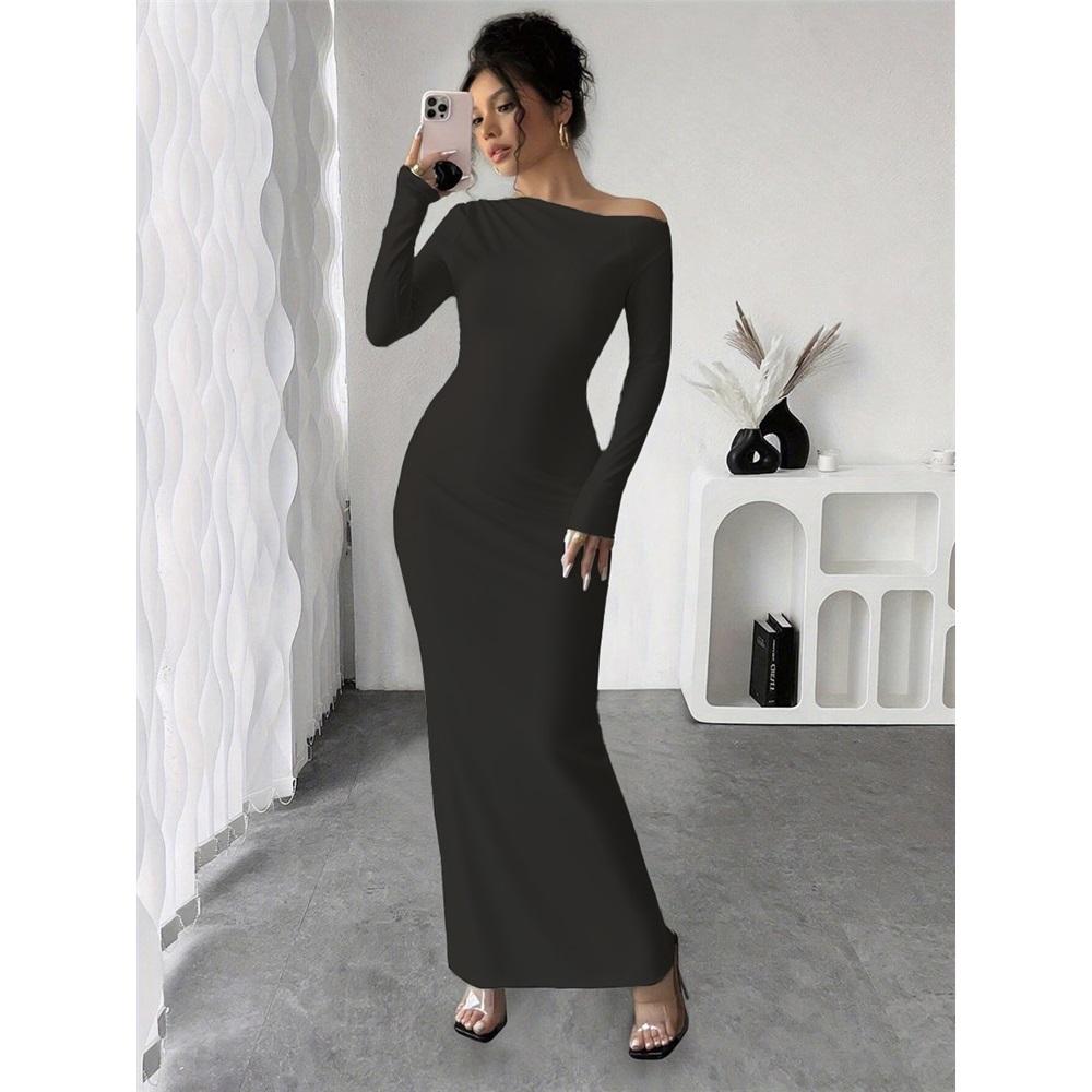 Women s Sexy Strapless Long Sleeve Slim Printed Long Dress S