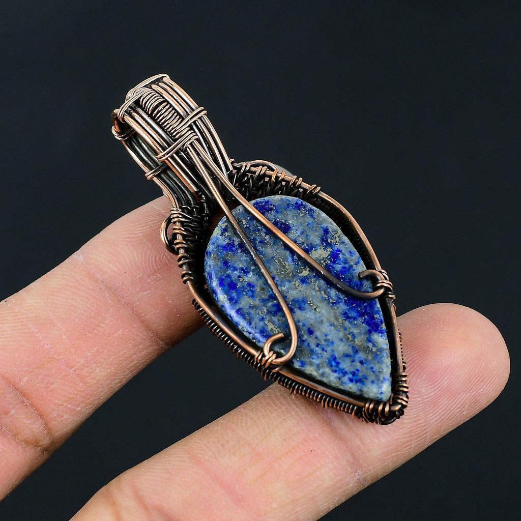 Vintage Style Lapis Lazuli Copper Wrapped Pendant  Artisan Handmade Blue Stone Jewelry For Gift