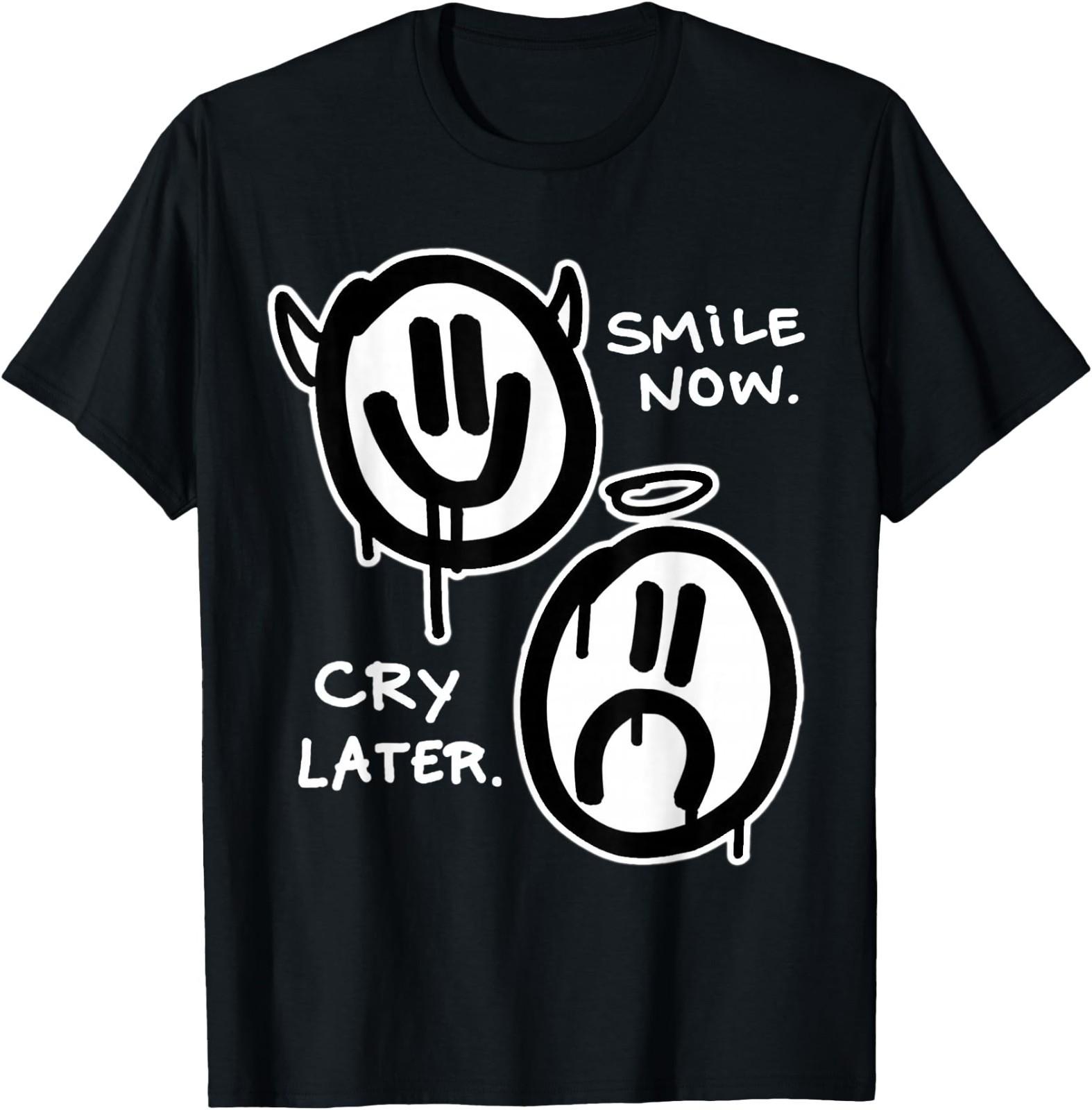 Smile Now Cry Later Angel Devil Sad Happy Faces Graffiti T-Shirt S