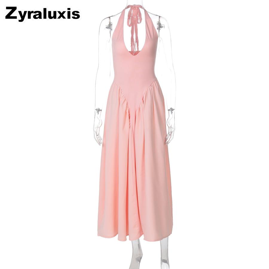 New Solid Color Sexy Deep V Hollow Out Suspender Dress Chic A-Line Skirt Midi Dress for Women
